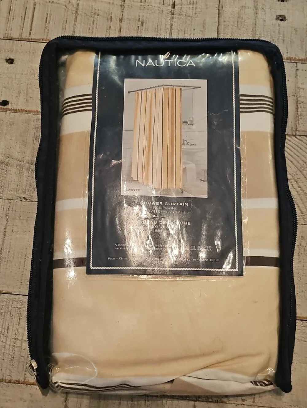 Nautica Beige, White and Brown Striped Shower Curtain